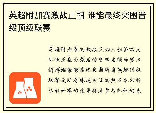 英超附加赛激战正酣 谁能最终突围晋级顶级联赛